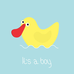 Baby shower card with funny yellow duck. Its a boy. Cute cartoon character. Sea ocean wave. Flat design.