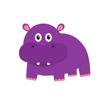 Hippopotamus. Cute cartoon charachter hippo with tooth. Violet behemoth river-horse icon. Baby animal collection. Education card for kids. Flat design. White background. Isolated.
