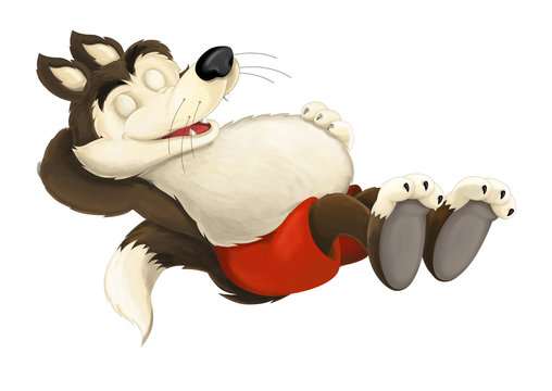 Cartoon scene of a wolf sleeping or resting after eating to much - illustration for children