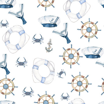 

Background. Pattern seamless, hand painted watercolor elements, seaside

