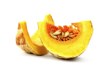 Small piece of yellow asian pumpkin on white background.
