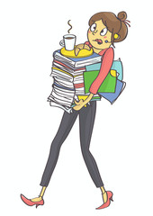 Illustration of business woman, secretary or clerk overloaded with office tasks and work, all in stress. Exhausted, overworked multitasking woman, secretary or a trainee carrying office stuff.