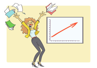 Cartoon illustration of overjoyed business woman because business chart is showing business growth and success. Woman and business success.