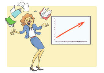 Cartoon illustration of overjoyed and happy business woman because business chart is showing growth and success. Woman and business success.