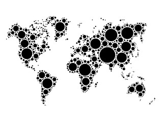 World map mosaic of black dots in various sizes on white background. Vector illustration. World map background theme.