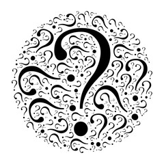 Circle mocaic of question marks. Black vector illustration on white background. Quiz theme.