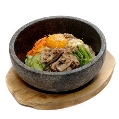 Rice with vegetable in hot bowl Korean food
