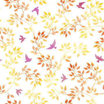 Yellow leaves, cute birds. Vintage watercolor autumn seamless pattern in naive design