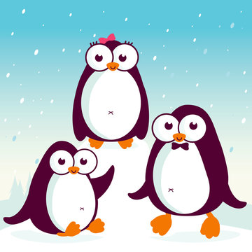Winter landscape with penguins in the snow. Vector illustration