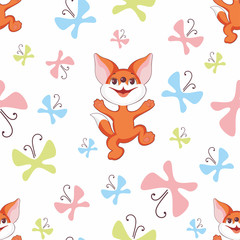 red little young fox. Colorful children's seamless pattern in cartoon style