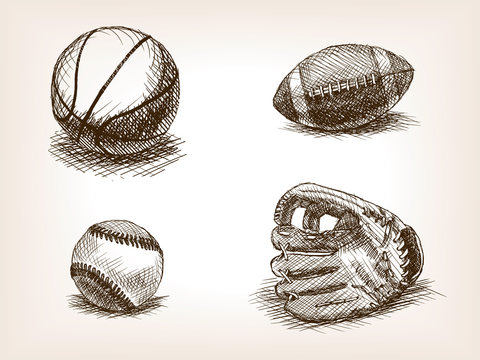 Ball and sport glove hand drawn sketch vector
