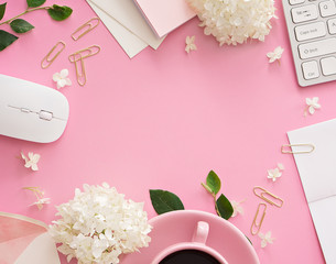 Office desk table with computer, supplies and coffee cup