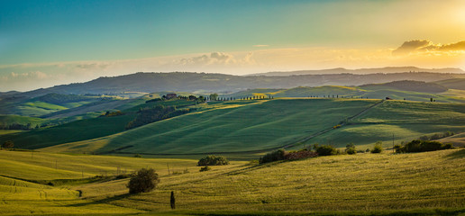 Tuscany landscape panorama at sunrise