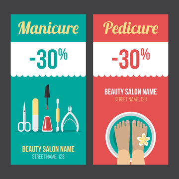 Vector Manicure And Pedicure Discount Flyer, Voucher, Coupon, Poster Or Banner Templates. Flat Style. Eps 10.