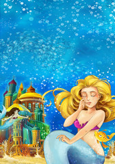 Fototapeta na wymiar Cartoon fantasy scene on underwater kingdom - beautiful manga girl - mermaid friends - illustration for children