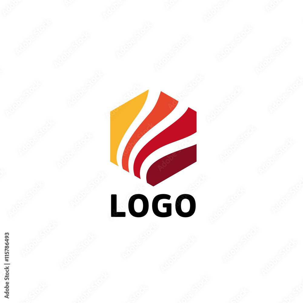 Poster Hexagonal multicolored vector logo template. Unusual hexagon. Red geometric logo template. Isolated hexagon illustration. Three strips on a hexagonal shape. Red hexagonal shape. Hexagon vector icon. 