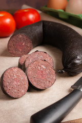 Black pudding or blood sausage cut in to slices