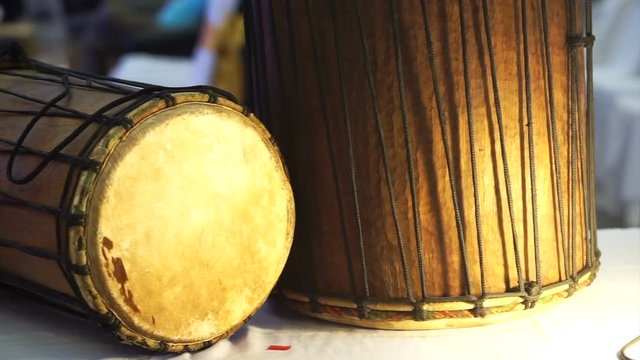 Traditional wood and leather drum of South East Asia in display. Classic music instrument