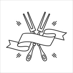 Two crossed forks with an elegant ribbon. Set for barbecue. Cutlery, Vector sign