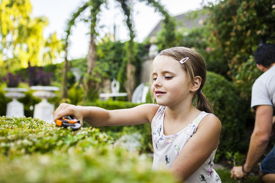 Girl cutting plant with father gardening in background