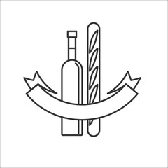 Wine bottle and a French baguette.Isolated on a white background