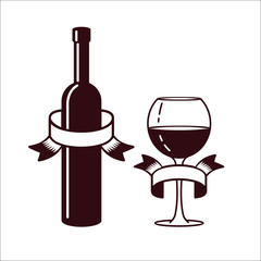 Wine bottle and glass on a white background.