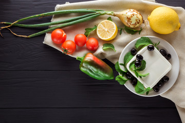 Ingredients for cooking Greek salad. Copyspace