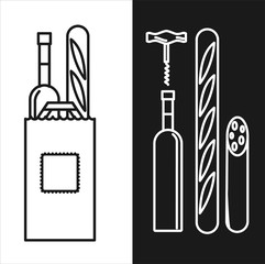  Wine bottle, glass and French baguette, bottle opener, sausage. Isolated on a white background. Vector icon