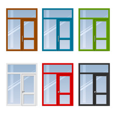 Set of modern colorful windows and doors to the balcony or terrace in different colors. Vector graphics
