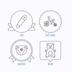 Bear toy, diapers and first bike icons.