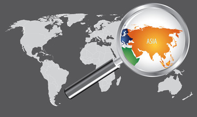 Asia Map with magnifying loupe