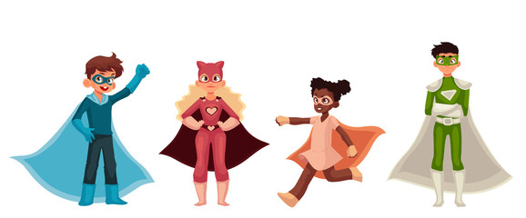 Superhero kids cartoon style vector illustration isolated on white background. Boys and girls in superhero costumes playing superpower, children in superhero fancy dresses