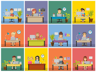 Template with cartoon business people working with computer. Office workspace with desks. 
