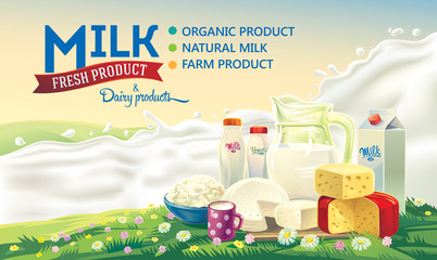 Still life of a set of dairy products on the background of splash of milk, and the rural summer landscape.