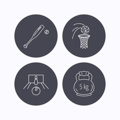 Baseball, bowling and basketball icons.