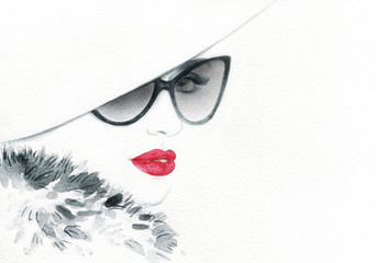 Schöne Frau mit Sonnenbrille. Abstrakte Mode-Aquarell-Illustration