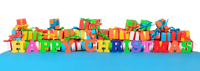 Happy christmas colorful text and varicolored gifts
