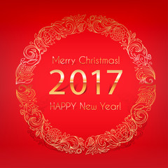 2017.Merry Christmas and happy new year. Gold numbers and lettering on a red background. Template invitations, greeting cards,holiday cards. Frame from vegetative linear pattern.