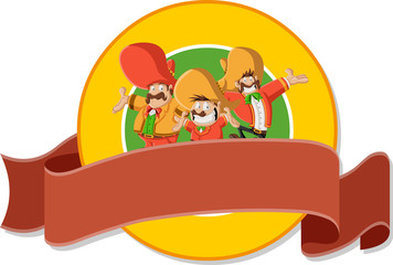 Vector banners and labels backgrounds with cartoon mexican mariachis with sombrero. Design text ribbons. 
