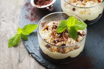 Sweet homemade dessert with cream and chocolate