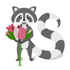 Raccoon with tulips, with a tail in the form of eight. For International Women's Day.