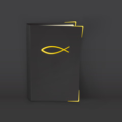 Standing black Bible with golden symbol of Christianity and corners