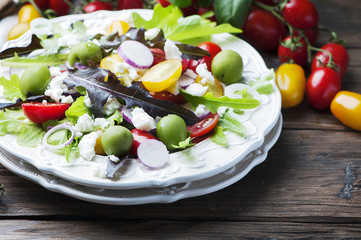 Healthy greek salad with feta and olive