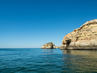 Fototapeta na wymiar A view of the rocks on the sea near the Algarve coast in Portugal, 2016