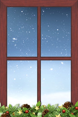 window, christmas decoration and night snow nature background [blur and select focus]
