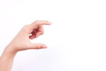 finger hand symbols isolated concept woman hand holding a futuristic business card or camera or mobile phone on white background
