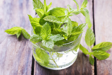 Green fresh mint on the wooden table