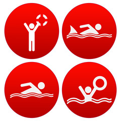 Fototapeta na wymiar Swimmer stick figure icon. Attention sign icon. Water safety icon.