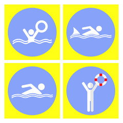 Swimmer stick figure icon. Attention sign icon. Water safety icon.