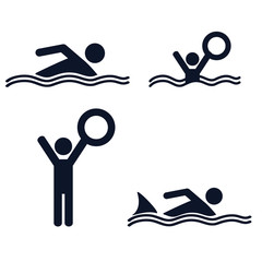 Swimmer stick figure icon. Attention sign icon. Water safety icon.